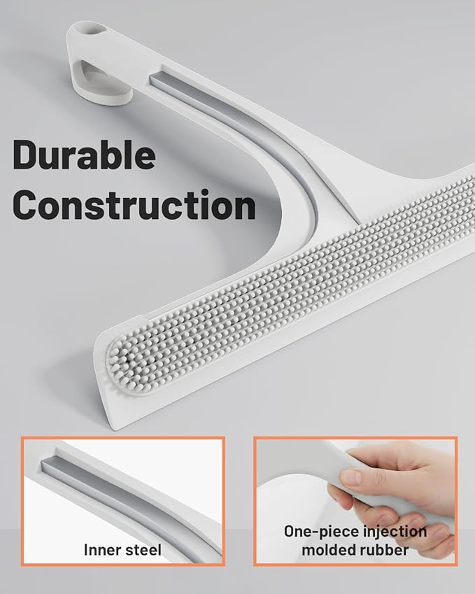 2-in-1 Silicone Shower Squeegee with Hook,Dual-Sided Design with Scraper & Scrub Surface,Streak-Free Bathroom Squeegee for Glass Doors,Mirrors,Windows,Car Windshields (White)