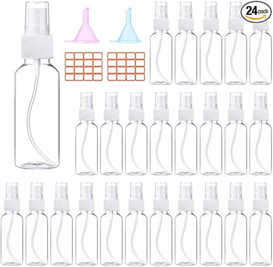 24 Pcs Spray Bottles 2oz / 55ml Clear Empty Mini Spray Bottles Refillable Container Pocket Size Sprayer Set Essential Oils Travel Cleaning Makeup Bottles with 2pcs Funnels 32pcs Labels