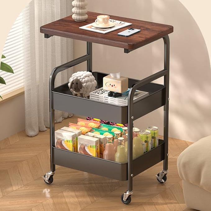 3 Tier Rolling Utility Cart Organizer with Walnut Table Top, Metal Stable and Sturdy Rolling Storage Carts with 2 Lockable Wheels for Kitchen，Snacks，Coffee，Bathroom，Makeup，Craft