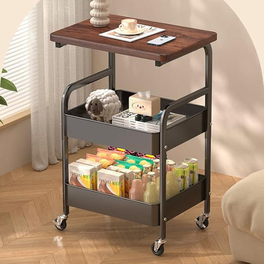 3 Tier Rolling Utility Cart Organizer with Walnut Table Top, Metal Stable and Sturdy Rolling Storage Carts with 2 Lockable Wheels for Kitchen，Snacks，Coffee，Bathroom，Makeup，Craft