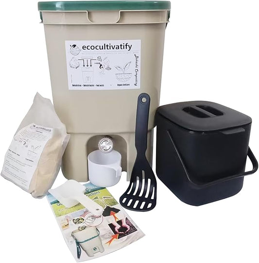 20L Bokashi Compost Bin, 5.28 Gallon Compost Bin for Kitchen Composter with Lid, Bokashi Start Kit with Bran (Tan & Dark Green) (20L/5.28GAL Tan & Dark Green)