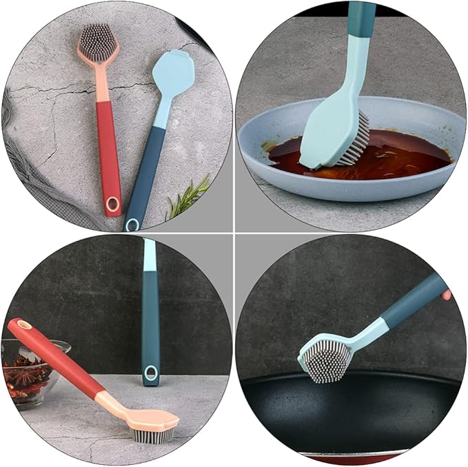Hemoton Long Handle Silicone Dish Brush 10.43 Inch Durable Kitchen Cleaning Tool with Ergonomic Non-Slip Handle for Pots and Dishwashing