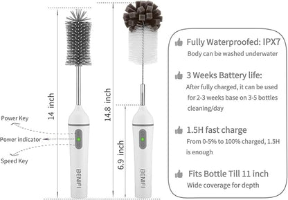Electric Bottle Cleaner Pro, 11 in 1 Baby Bottle Brush with Drying Rack, Sponge Brush, Silicon Brush, Formula Mixer, Nipple Brush, Soap Dispenser, Microfiber Cleaning Cloth Included