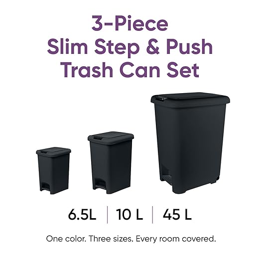 Superio 6.5L, 10L and 45L Slim Step & Push Trash Cans - 3 Pack, Dual Opening, Smooth Matte Finish, Durable Plastic - Black