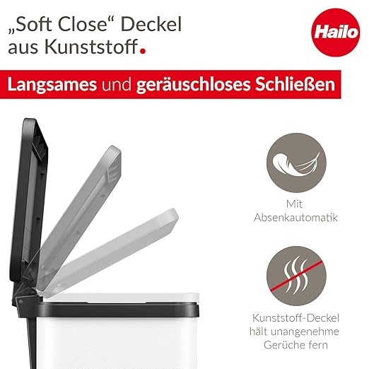 Hailo OKO Duo Plus L 0630-200 Kitchen Trash Can with 4.5 + 2.4 Gallon Bins, Rectangular Dual Compartment Recycling Step, Removable Inner Buckets with Soft-Close Lid, White