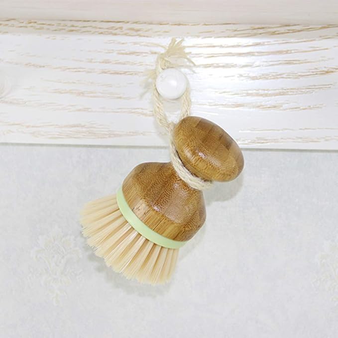 1 Pack Dish Brush Vegetable and Fruit Brush with Bamboo Handle and Detachable Woven Lanyard