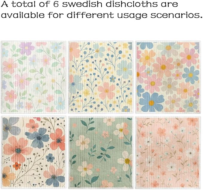 Swedish Dishcloths for Kitchen – 6 Pack Cellulose Reusable Cleaning Paper Towels – Soft, Quick-Drying, Washable Dish Rags for Kitchen, Counters & More (Pastel Floral)