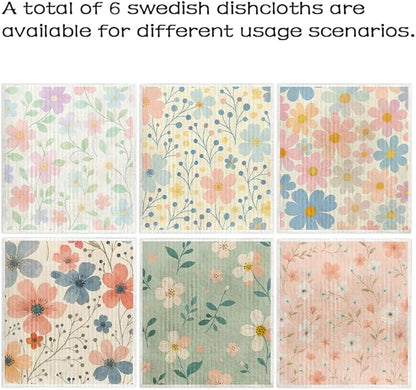Swedish Dishcloths for Kitchen – 6 Pack Cellulose Reusable Cleaning Paper Towels – Soft, Quick-Drying, Washable Dish Rags for Kitchen, Counters & More (Pastel Floral)