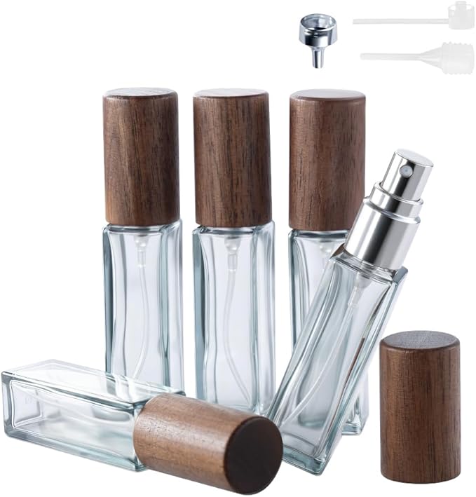 Perfume Atomizer, Glass Perfume Container,Travel Bottle Refillable, Empty Portable Leakproof Frangrance Spray Bottle (Walnut Dusty Blue 5pcs 10ml/0.3oz)