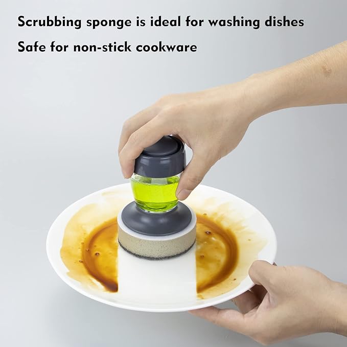 DAPOWER Dish Brush with Soap Dispenser, Kitchen Scrub Brush for Dishes Pots Pans Sink Cleaning, Scrub Sponge Dish Scrubber with Holder Set (Grey Handle & Scrub Sponge)