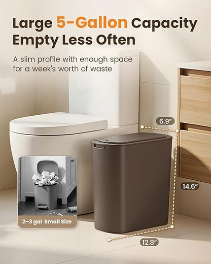 Cesun Bathroom Trash Can with Lid, 5 Gallon Motion Sensor Trash Can, Small Automatic Garbage Can, Touchless Smart Plastic Slim Wastebasket for Bedroom, Office, rv, Living Room, Brown