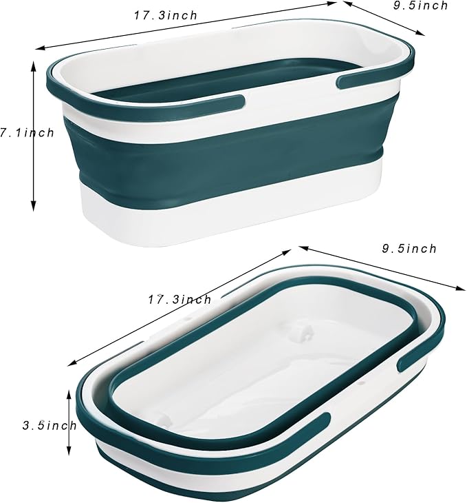 Yesland 2 Pack Collapsible Plastic Bucket with Wheels, 12L (3.17 Gallon) Foldable Rectangular Mop Bucket, Portable Water Pail with Handle for House Cleaning, Car Washing, Fishing, Camping, Gray & Blue