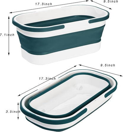 Yesland 2 Pack Collapsible Plastic Bucket with Wheels, 12L (3.17 Gallon) Foldable Rectangular Mop Bucket, Portable Water Pail with Handle for House Cleaning, Car Washing, Fishing, Camping, Gray & Blue