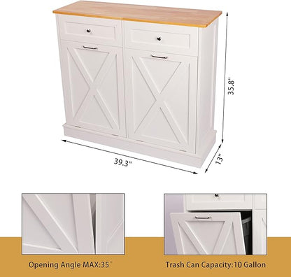 TOLEAD Double Tilt Out Trash Can Cabinet 2 x 10 Gallon Wooden Hidden Trash Cabinet with Barn Door & Solid Wood Top, Farmhouse Kitchen Garbage Bin Enclosure, Pet Proof Odor Blocking for Kitchen, White