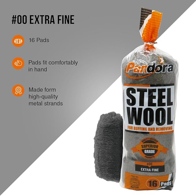 Pandora Steel Wool #00 – Extra Fine Grade, 16 Pads for Buffing and Cleaning - Quality Metal Strands - Ideal for Cleaning Golf Clubs, Metal Wheels, Screens, and Metal Lawn Furniture