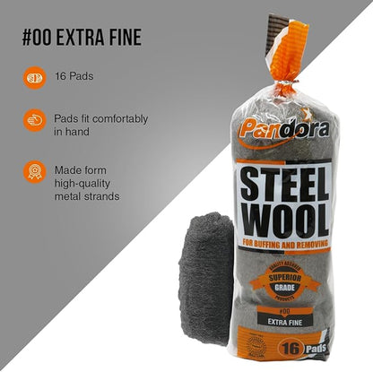 Pandora Steel Wool #00 – Extra Fine Grade, 16 Pads for Buffing and Cleaning - Quality Metal Strands - Ideal for Cleaning Golf Clubs, Metal Wheels, Screens, and Metal Lawn Furniture