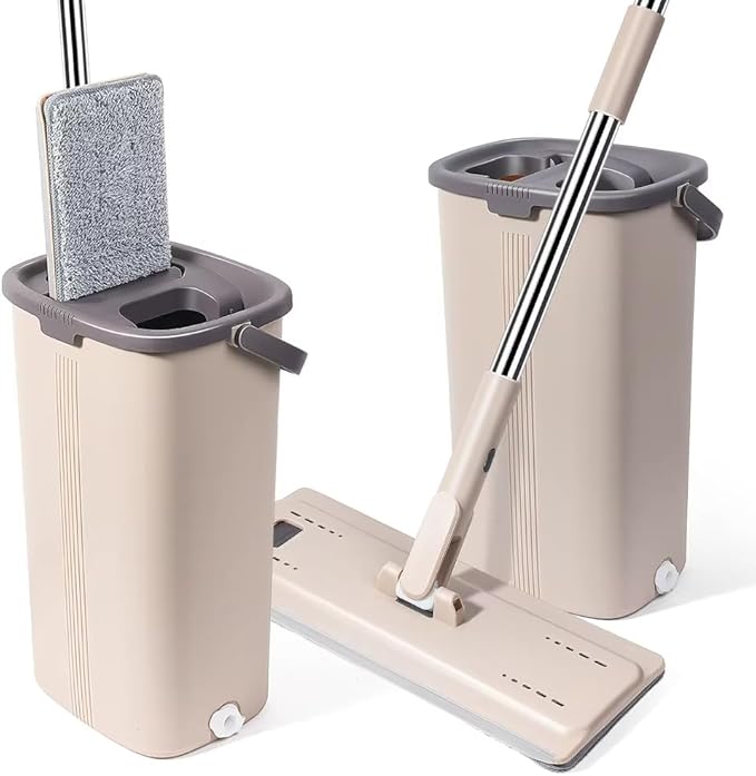 Flat Floor Mop and Bucket Set with Stainless Steel Handle, Heavy Duty Spin Bucket System for Household and Commercial Use