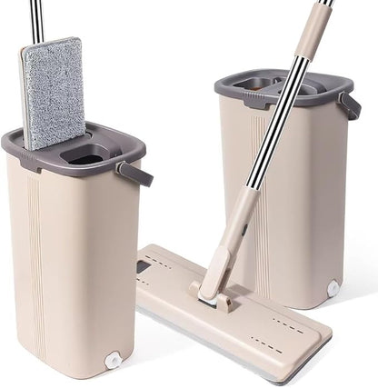 Flat Floor Mop and Bucket Set with Stainless Steel Handle, Heavy Duty Spin Bucket System for Household and Commercial Use