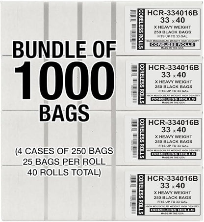 Aluf Plastics High Density Trash Bags, 33 Gallon, 1000 Count, 16 Micron (eq), 33" x 40", Black, for Bathroom, Office, Industrial, Commercial, Janitorial, Municipal, Recycling
