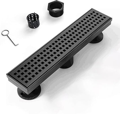 SaniteModar Linear Shower Drain, Black Shower Drain 12 inch with Square Hole Panel, Matte Black Linear Drain with Hair Strainer and Leveling feet