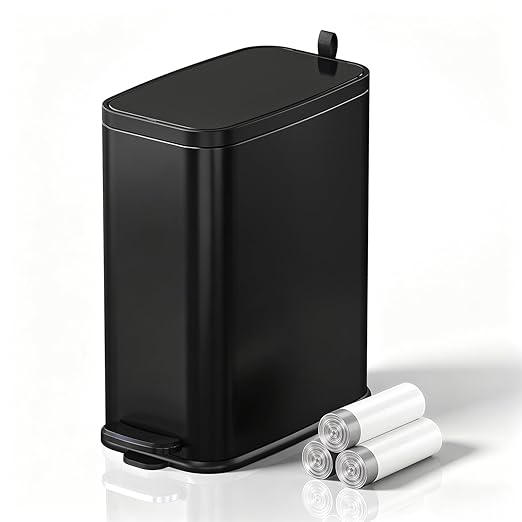 Small Bathroom Trash Can with Lid Soft Close, Step Pedal, 1.6 Gallon Black Stainless Steel Garbage Can with Removable Inner Bucket, Includes 60 Trash Bags for Home Bedroom