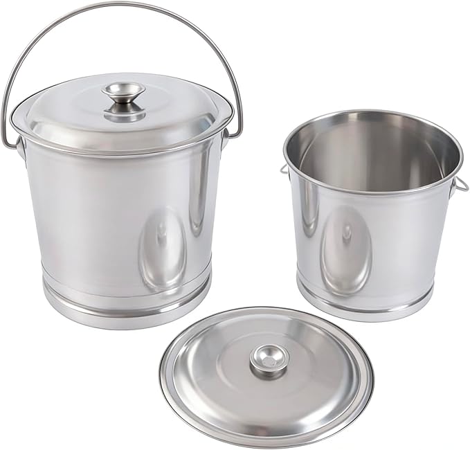 8L/8.5Qt Stainless Steel Bucket Milk Metal Pail Compost Bucket with Lid & Handle, Kitchen Compost Bin Scrap Food Waste Scrap Slop Storage Buckets Container Garbage Pail, Open Lip Edge