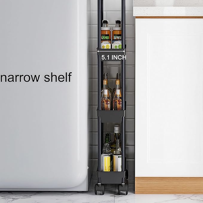 Sooyee 4 Tier Slim Storage Cart,Rolling Storage Cart,Narrow Shelf,Bathroom Rack,Mobile Shelving Unit Organizer for Kitchen, Bathroom, Laundry Room, Black