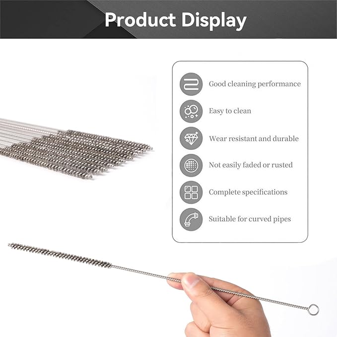 12 Inch Pipe Cleaning Brush Set with Stainless Steel Bristles, Steel Wire Tube Brush Kit for Auto Parts Polishing, Machining, Bottles, Tubes, Etc.（10mm-2pcs）