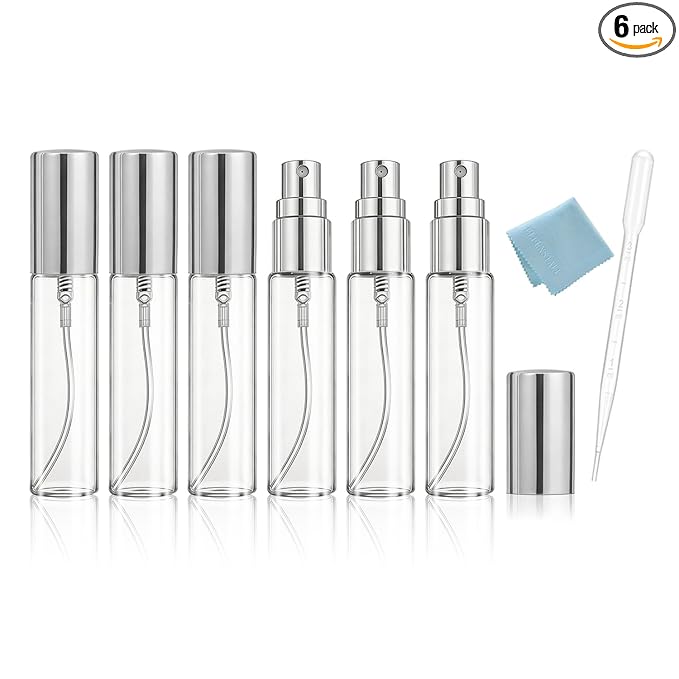 Elfenstal- NEW 6pcs Mini Clear 10ml 1/3OZ Atomizer Glass bottle Spray Refillable Fragrance Perfume Empty Scent Fine Mist Bottle Clean Cloth for Travel Party Portable Makeup Tool free Pipette