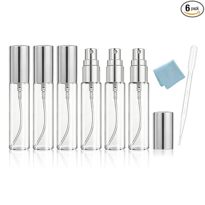 Elfenstal- NEW 6pcs Mini Clear 10ml 1/3OZ Atomizer Glass bottle Spray Refillable Fragrance Perfume Empty Scent Fine Mist Bottle Clean Cloth for Travel Party Portable Makeup Tool free Pipette