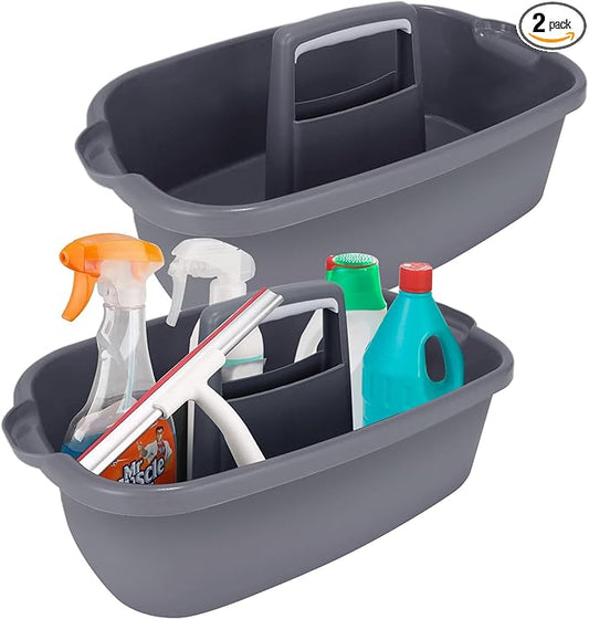 2 Pack Large Cleaning Supplies Caddy Organizer, Portable Shower Caddy Plastic Basket with Handle, Stackable Tool Storage for Bathroom, Garden, Kitchen, Home Organization, Grey