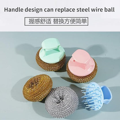 Stainless Steel Dish Scrubber Pot Brush Can Be Disassembled and Washed, Kitchen Cleaning Ball Does ，Not Damage Pot Strong Cleaning Brush (Green Handle Steel Wire Ball)