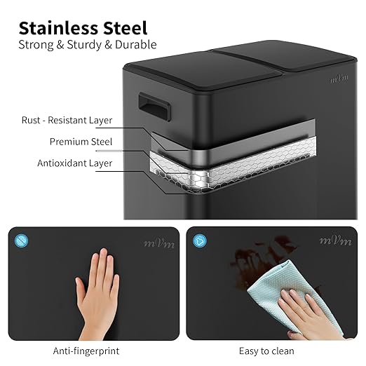 mVm Dual Trash Can, 2 x 5.3 Gal Kitchen Trash Can with Light Lid, 2 Compartment Stainless Steel Recycle Bin for Home Kitchen Office (Black)
