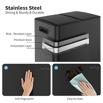 mVm Dual Trash Can, 2 x 5.3 Gal Kitchen Trash Can with Light Lid, 2 Compartment Stainless Steel Recycle Bin for Home Kitchen Office (Black)