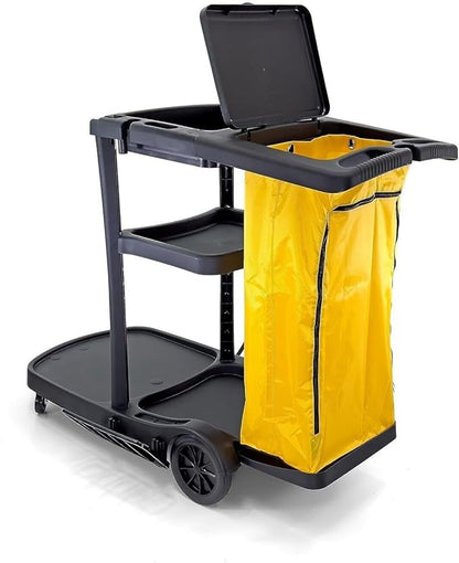 Durable Commercial Janitorial Cleaning Cart Caddy with Wheels Cover - 3 Shelves, Vinyl Bag L 52" x W 22" x H 40" Heavy Duty, Black for Housekeeping Office, Stores, Schools
