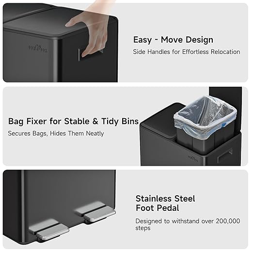 mVm Dual Trash Can, 10.6 Gal (2x5.3Gal) Kitchen Trash Can with Thick Lids, 2 Compartment Stainless Steel Recycle Bin for Home Kitchen Office (Black)