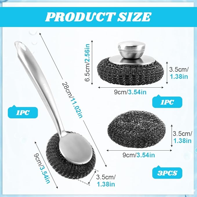 5Pcs Stainless Steel Wool Scrubber Sets, with Long & Short Handle & 3Pcs Detachable Pads, Metal Pot Scrubbers for Cleaning Dishes Iron Pots Stoves