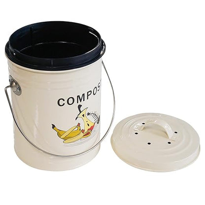 SOTECH Round Compost Bin Garbage Can for Kitchen Counter Garden Compost Can with lid Metal Shell Plastic Liner Trash Can Household Garbage Collection Kitchen Decoration Indoor Composter