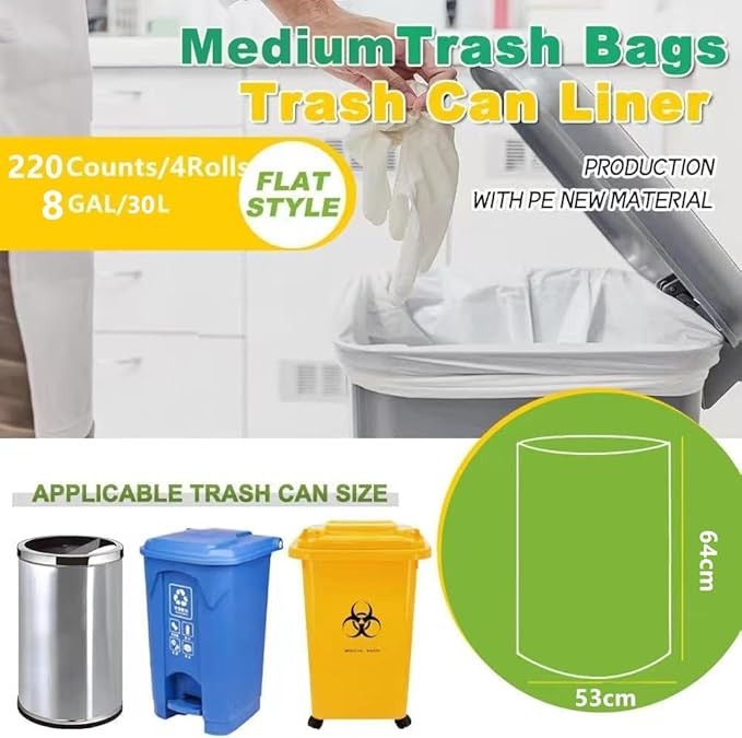 Medium Garbage Bags 8 Gallon /30 Liter Trash Bags Wastebasket Bin Liners Plastic Trash Bags for Bathroom Bedroom Office Trash Can 220 Count