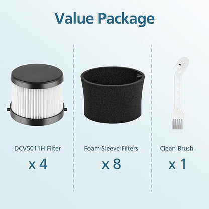 DCV501HB DCV5011H Vacuum Filter Compatible with DEWALT DCV501HB 20V Vacuum Cordless Handheld Vacuum, 4 Packs HEPA Vacuum Filter with 8 Foam Sleeve Filters & 1 Brush