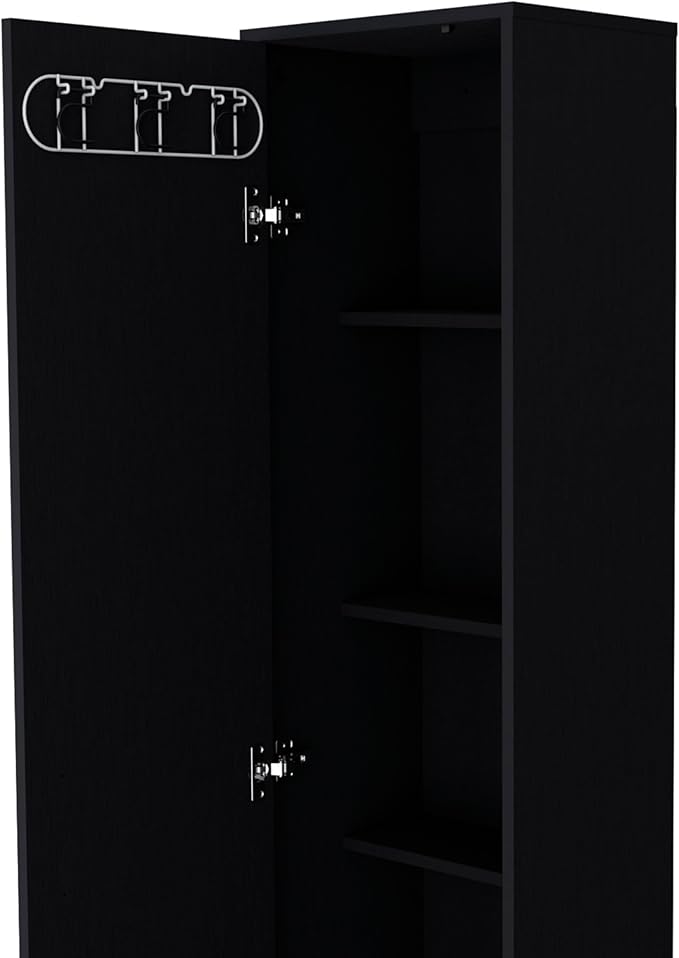 Storage Cabinet, Single Door Freestanding Black Cabinet with 3 Broom Hangers & 5 Interior Shelves, Modern Particle Board Melamine Kitchen Organizer, 11.73" D x 15.75" W x 70.87" H