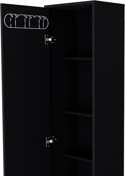 Storage Cabinet, Single Door Freestanding Black Cabinet with 3 Broom Hangers & 5 Interior Shelves, Modern Particle Board Melamine Kitchen Organizer, 11.73" D x 15.75" W x 70.87" H
