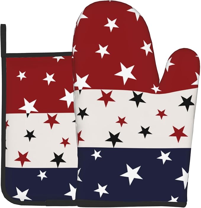 Red White and Blue Oven Mitts and Pot Holders Sets Patriotic American Flag StripedKitchen Mitts 4th of July Hot Pads for Cooking BBQ Baking Grilling