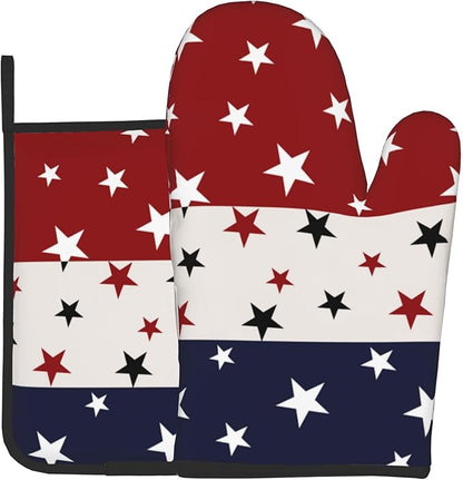 Red White and Blue Oven Mitts and Pot Holders Sets Patriotic American Flag StripedKitchen Mitts 4th of July Hot Pads for Cooking BBQ Baking Grilling
