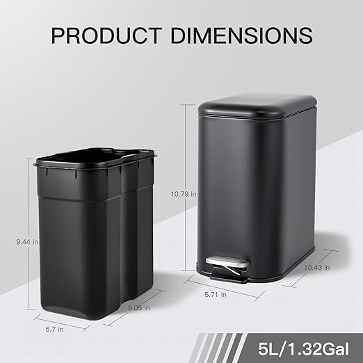 GlowSol Bathroom Trash Can with Lid, 1.3 Gallon 12 L Stainless Steel Step Trash Can with Removable Liner Bucket, Slim Small Wastebasket for Toilet Bedroom Office, Black