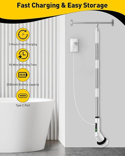 Shower Scrubber with Long Handle, Shower Cleaner Brush with 8 Brush Heads, Cordless Electric Spin Scrubber for Cleaning with 2 Speed, Cleaning Supplies for Bathroom Bathtub Kitchen Floor Tile Toilet