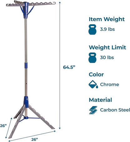 Honey-Can-Do 64-Inch Steel Tripod Clothes Drying Rack, Foldable Collapsible Laundry Stand with 3 Rotatable Arms, Holds 30 Hangers, Space-Saving Indoor Outdoor Air Dry Rack, Blue