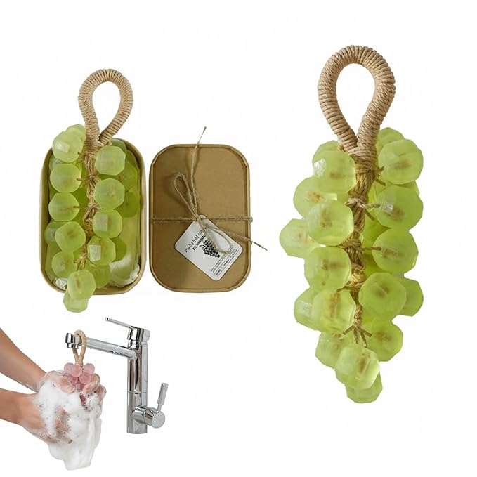 Grape Soap on a Rope Handmade, 25 Grapes Decorative Bath Bar, Soft Lather Cluster Soap for Hand, Face & Body, Multi-Use Hanging Scent Accent (1, Jade Tea)