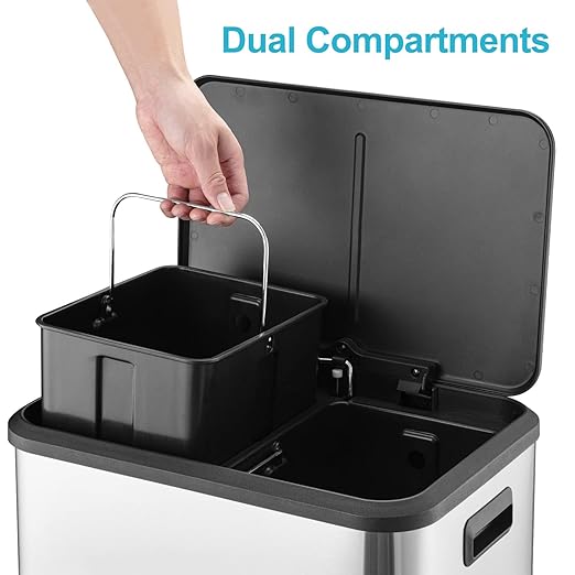 Kitchen Trash Can, 2x4 Gallon Rectangular Kitchen Waste Bin, Dual Separate Compartment Recycle Bin with Removable Plastic Inner Buckets, Soft Step-on with Lid