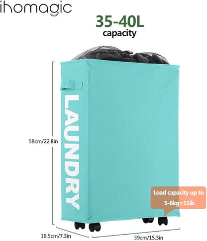 Slim Rolling Laundry Basket with wheel, IHOMAGIC Rectangle Storage Hamper - Thin Laundry Basket Corner Fittable Laundry Bin Flexible handle Laundry Sorter For Dormitory, Hotel, 39x18.5x58cm 41L, Blue